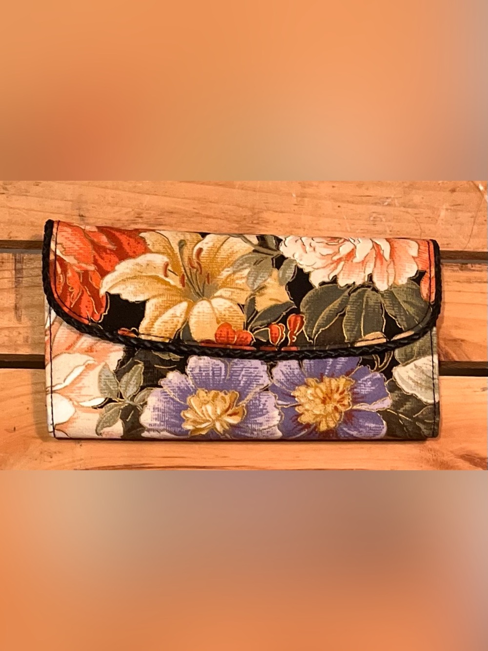 Avon Floral Fold-Over Wallet Clutch in Black with Multicolor Blooms